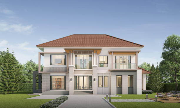 istock Modern house exterior day light with lawn grass.3d rendering 2195857966
