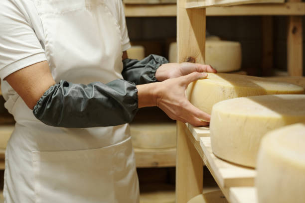 Close-up of female delicatessen cutting a cheese wheel on counter. Saleswoman wearing gloves cutting cheese on counter at grocery store.