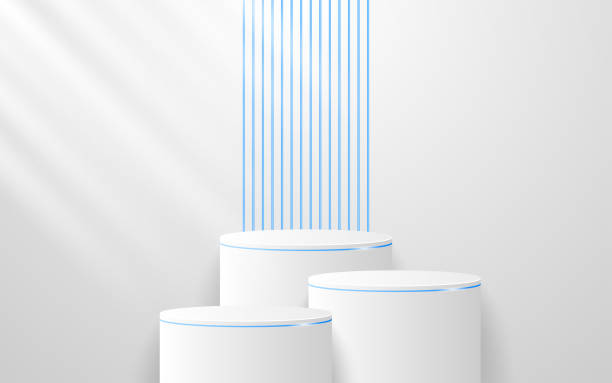 istock Multi-tiered white podium with elegant blue lines on the back for product presentation 2195862866
