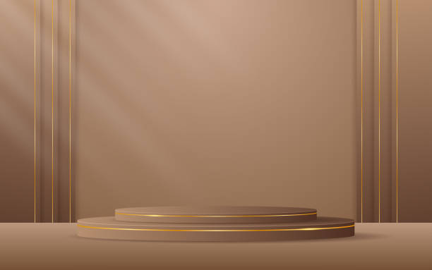 istock Brown podium with brown stripes with elegant gold line on the back for displaying advertisements 2195862886