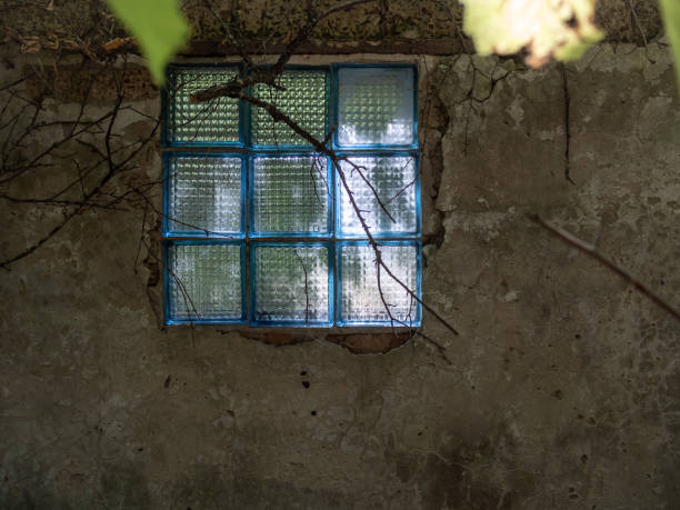 Soviet style glass brick windows in industrial zone
