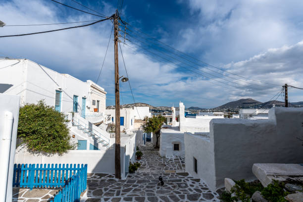 Paros Paroikia old town narrow cobblestone alleyway view. Taken in Paros, Greece