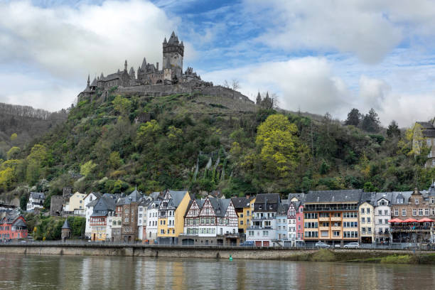 City of Cochem at river Mosel with catle and houses. Panorama.