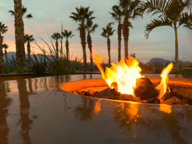 istock Glowing natural gas fire pit plus ceramic rocks with palm trees and mountains during sunset in the late evening 2195873041