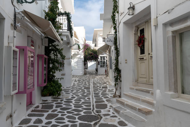 Paros Paroikia old town narrow cobblestone alleyway view. Taken in Paros, Greece. Taken on January 2nd 2025