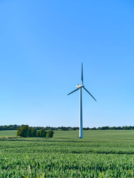 istock Modern wind turbine standing amid lush green spring fields under a clear blue sky 2195880337
