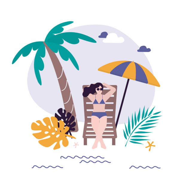 istock Summertime, concept. Tourist woman lying on deck chair sunbathing under beach umbrella. Sea shore with palms exotic hut house hotel. Summer vacation, tropical resort. 2195884821