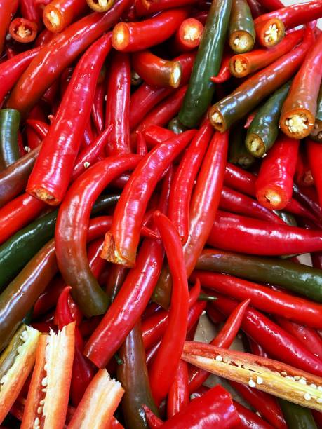 Bowls of red chillies in a kitchen