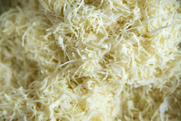Close-up of freshly grated white cabbage prepared for fermentation and fermentation. Cabbage texture, detailed view, natural product.