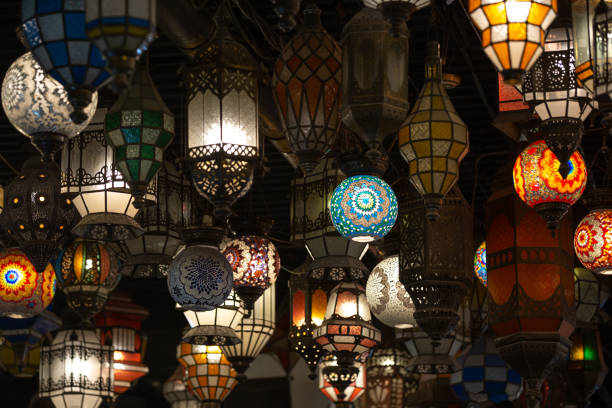 Arabic traditional Ramadan Kareem eastern lanterns garland, Muslim ornamental hanging golden lanterns
