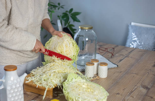 Hands of a woman chopping white cabbage with a kitchen knife on a cutting board. Preparing fresh vegan fermented pickles. Fresh vegetable salads are good for health. Healthy lifestyle concept.Making sauerkraut