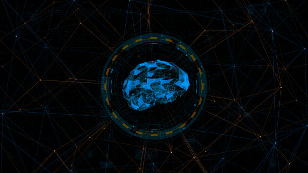 istock Blue digital brain logo with circle futuristic HUD element and orange line connection with artificial intelligence and robot assistant machine learning concept on abstract background 2195906328