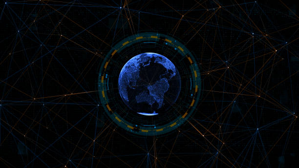 istock Blue digital earth sphere with circle futuristic HUD elements and orange line connection technology on abstract background concepts 2195906350