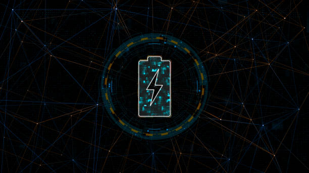 istock Blue digital battery logo with circle futuristic HUD elements and orange line connection with power reserve concepts on abstract background 2195906351