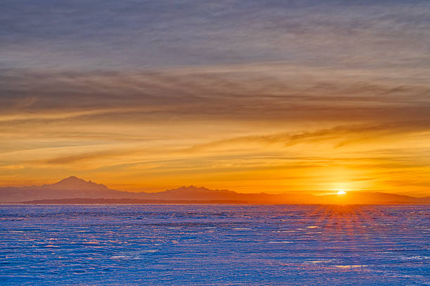 A winter view across the Boundary Bay area of the Fraser River Delta with the coastal mountains seen in the distance, British Columbia