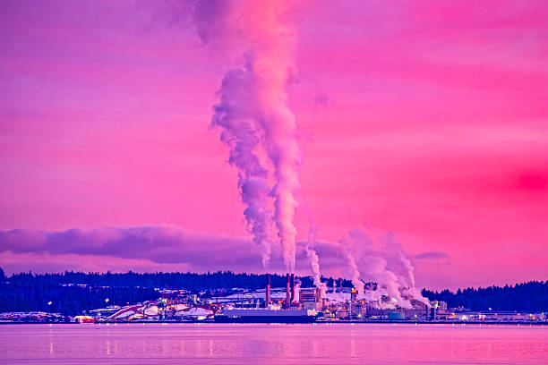 Smoke and steam rising from a pulp and paper plant with a view of the Strait of Georgia and the coastal mountains from Vancouver Island, British Columbia