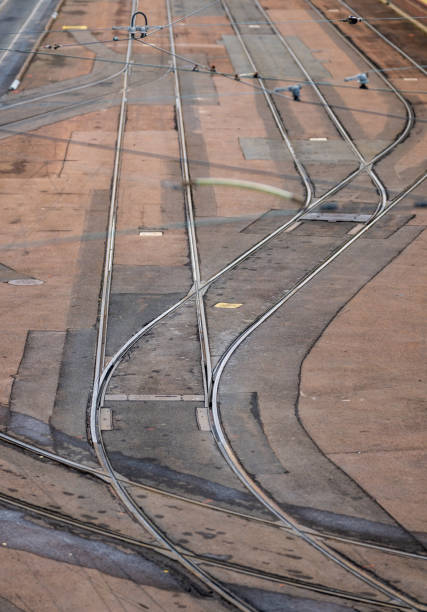 Tram tracks by a tram depot.