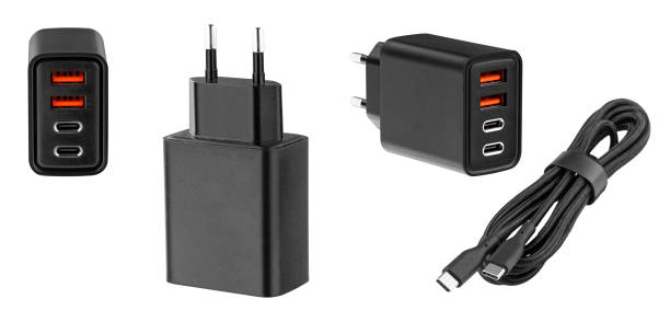 istock set power adapter, charging adapter with USB and Type-C connector on isolated and white background, 2195918861
