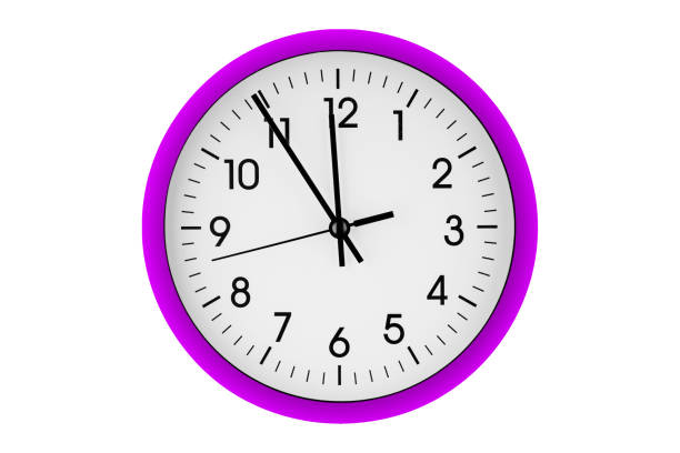 Pink watch, wall clock 11 hours 45 minutes on isolated or white background close up