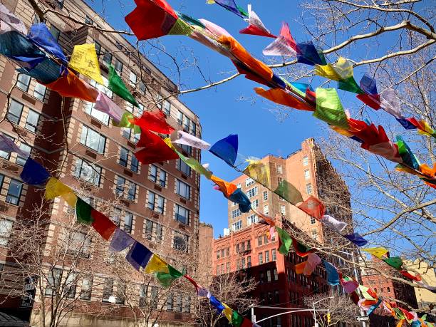 Prayer Flags Strung over a Street (New York, New York) stock photo