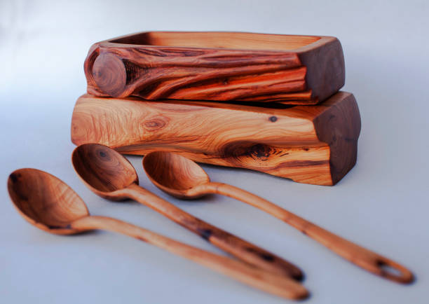 Wooden kitchen utensils stacked view close up