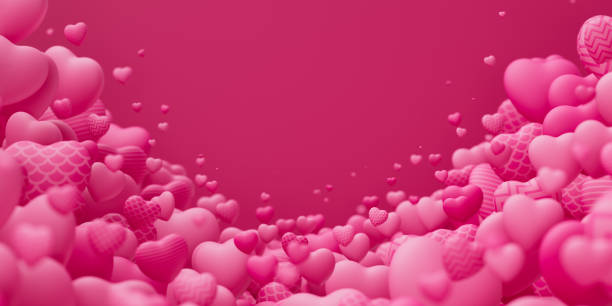 Valentines day background with many violet textured flying hearts with blur effect. Romantic love backdrop. 3d Redner illustration.