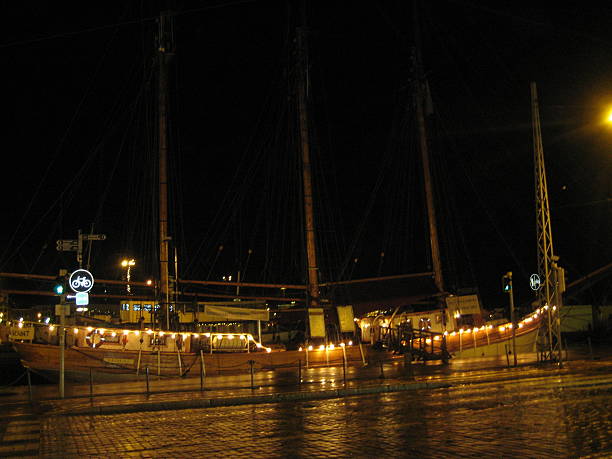 Ship in the dark with beautiful lights in Helsinki, Finland