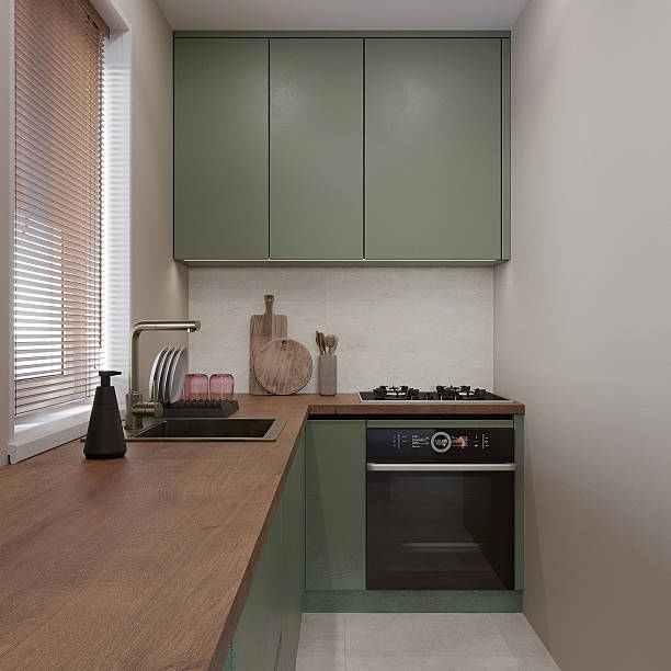 istock Green olive kitchen with sink oven hardwood tabletop 2195927265