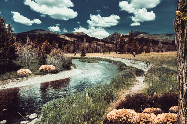 A river valley nestled at the base of the Rocky Mountains, featuring a winding river flowing through grasslands with mountain ranges rising in the background.