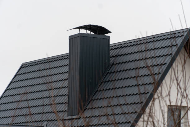Black metal tile roof, chimney design