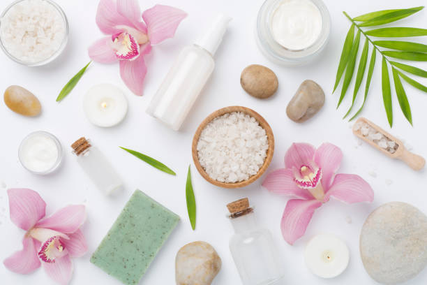 istock Composition with orchids, spa products on color background, top view 2195938536