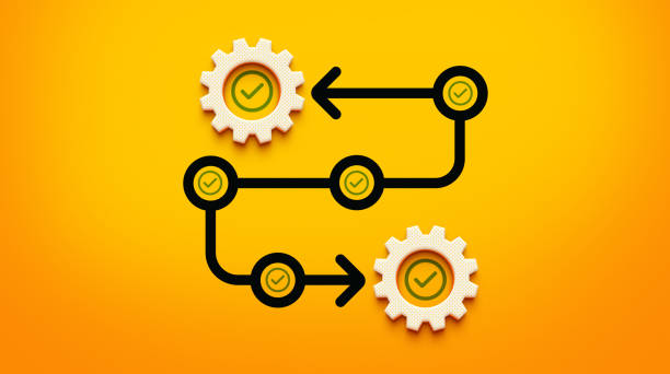 3D Curved Arrow with Focus Circles and Check Marks, Surrounded by Gears, Representing Process Flow and Approval