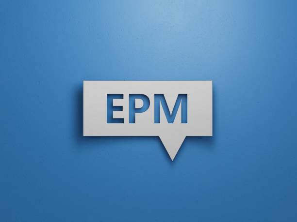 istock epm sign on Speech Bubble and magnifier.Minimalist Abstract Design With White Cut Out Paper.3D rendering on blue background. 2195942944