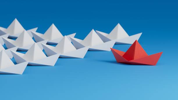 istock Business concept for new ideas creativity, innovative solution and Leaderboat concept with blue paper boat leading among white.3D rendering on blue background. 2195943021