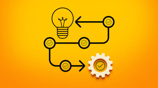 istock 3D Curved Arrow Connecting a Light Bulb Icon to a Gear, Representing Idea Generation to Production Process 2195944401