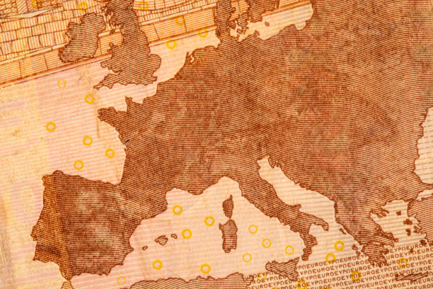 Map of Europe from no longer circulating vintage Euro paper money currency bill.