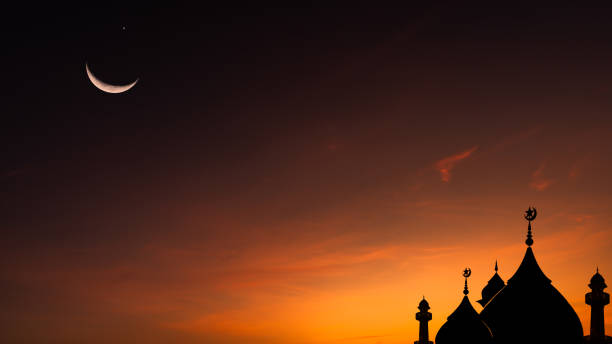 istock Mosques dome on dark blue twilight sky and Crescent Moon on backgrounds, symbol islamic religion Ramadan and free space for text arabic, Eid al-Adha, Eid al-fitr, Mubarak, Islamic new year Muharram 2195945931