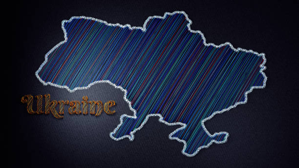 Embroidered Map of Ukraine with Colorful Threads on Fabric