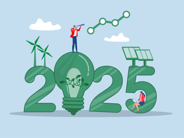 istock businessman use binoculars on 2025 and observed with a telescope for search to Green Eco-friendly resources sustainable use turbines  ,solar cell concept vector 2195953618