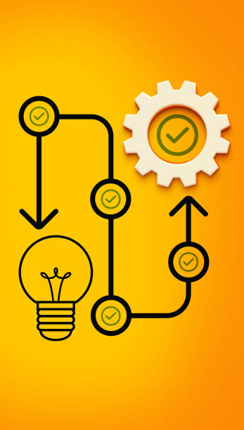 istock 3D Curved Arrow Connecting a Light Bulb Icon to a Gear, Representing Idea Generation to Production Process 2195955397