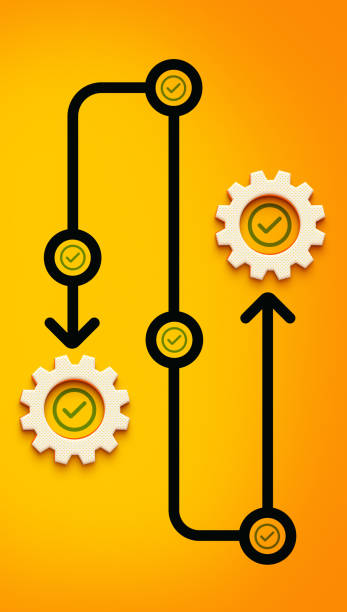 istock 3D Curved Arrow with Focus Circles and Check Marks, Surrounded by Gears, Representing Process Flow and Approval 2195956263