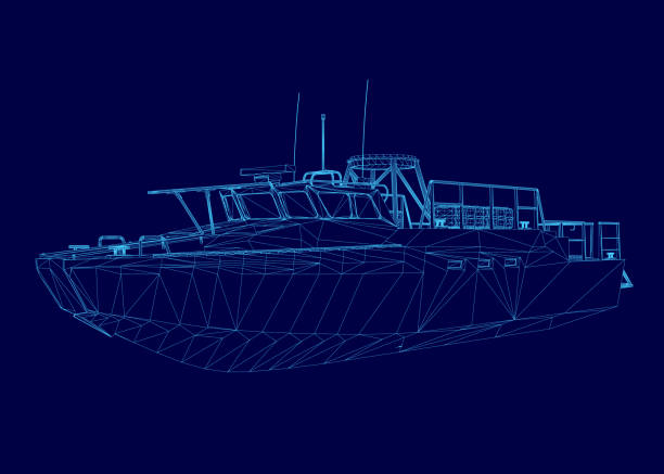 istock Blue drawing of a boat with a blue background. The boat is shown in a stylized way, with a lot of detail and a sense of depth 2195956399