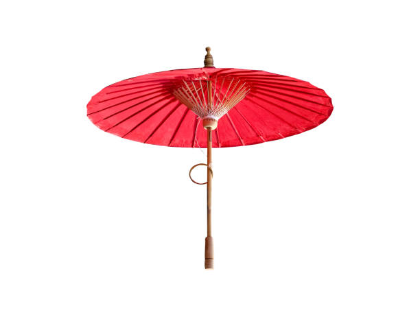 istock Single open red oil paper umbrella with bamboo wood structure isolated on white background , clipping path 2195960430