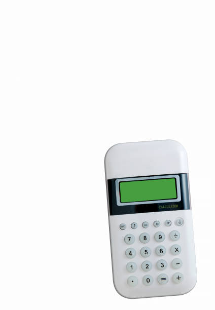 istock Modern white calculator with green screen displayed against a blank white background with room for copy lower right corner 2195964062