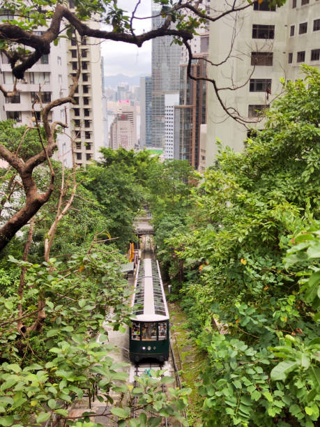 The iconic peak tram riding to the famous Victoria Peak, Hong Kong island.