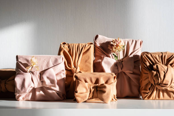 Gifts wrapped in sustainable fabric.