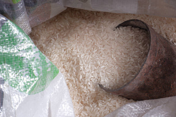 A close-up image showcasing fresh white rice in a metal measuring cup, placed inside a large open sack. Perfect for representing food, agriculture, or traditional market settings. Ideal for use in advertising or editorial content related to grains, the food industry, or everyday culinary themes. High-quality detail and natural lighting enhance its authentic appeal