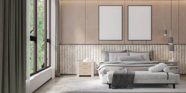 istock mock up poster frame in interior background, bed room. 3D render, 3D illustration 2195973218