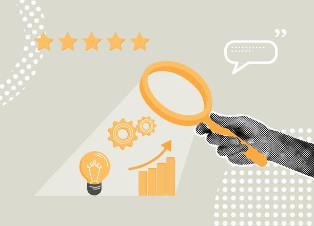 ilustraciones, imágenes clip art, dibujos animados e iconos de stock de collage de semitonos de tendencia. concepto de análisis de datos, revisión de logro de objetivos, concepto de seo u optimización, evaluación del desempeño de los empleados, evaluación del desempeño. hand usa una lupa para analizar a un empleado con - evaluación del desempeño