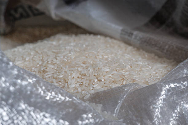 A pile of white rice in a sack